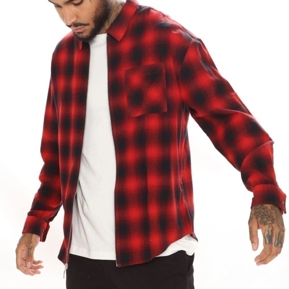 September Long Sleeve Zipper Flannel Shirt-Black/Red - Picture 1 of 7